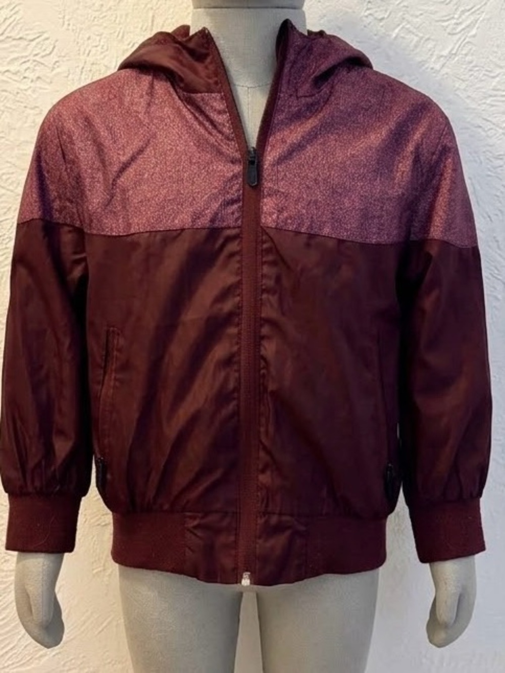 Phat Farm Kids' Hooded Rain Jacket in Deep Burgundy with Metallic Plum Yoke